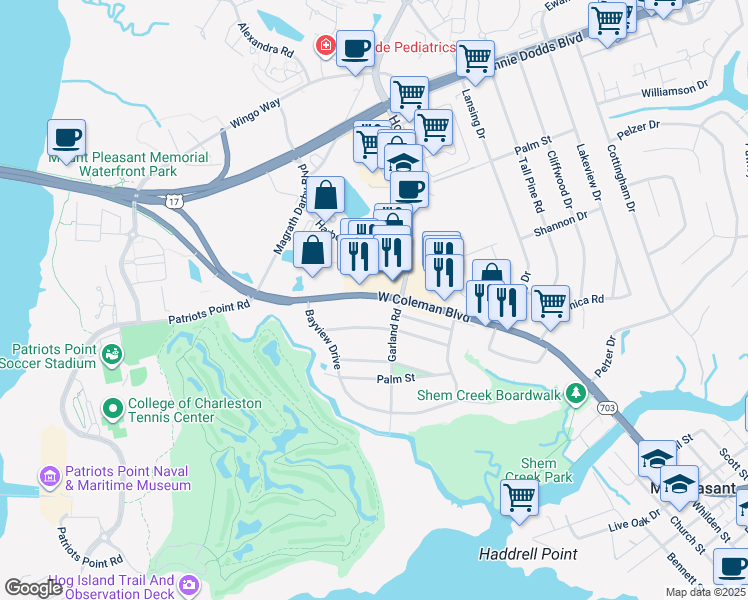 map of restaurants, bars, coffee shops, grocery stores, and more near 299 West Coleman Boulevard in Mount Pleasant