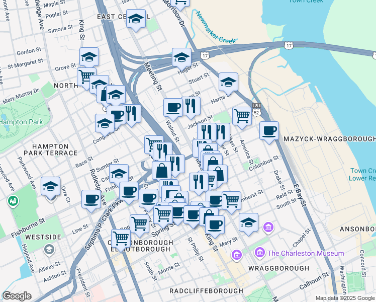 map of restaurants, bars, coffee shops, grocery stores, and more near 1 Walnut Street in Charleston