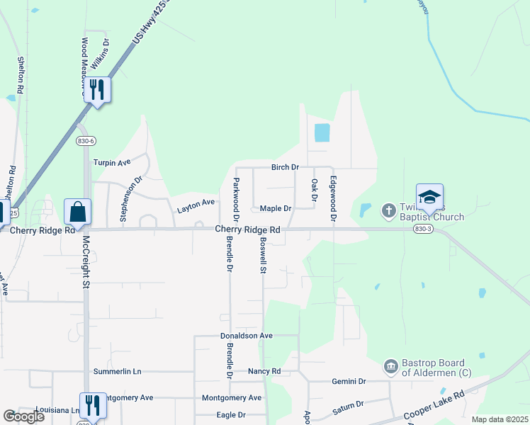 map of restaurants, bars, coffee shops, grocery stores, and more near 2023-10643 Maple Drive in Bastrop