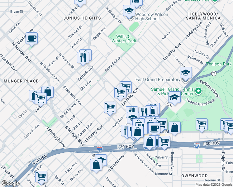 map of restaurants, bars, coffee shops, grocery stores, and more near 620 S Beacon St in Dallas