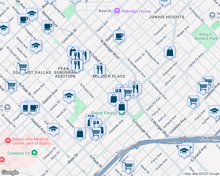 map of restaurants, bars, coffee shops, grocery stores, and more near 4920 Victor Street in Dallas
