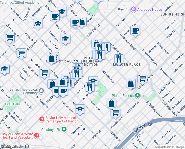 map of restaurants, bars, coffee shops, grocery stores, and more near 4631 Junius Street in Dallas