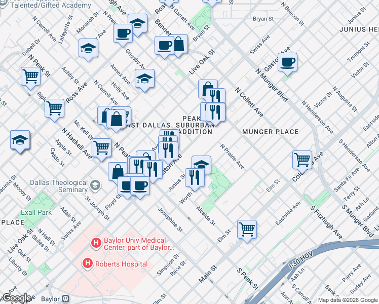 map of restaurants, bars, coffee shops, grocery stores, and more near 4601 Gaston Avenue in Dallas