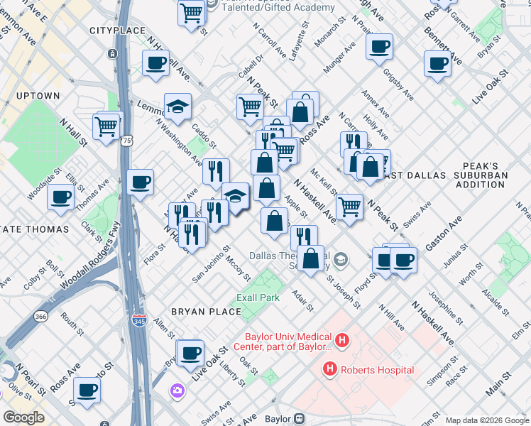 map of restaurants, bars, coffee shops, grocery stores, and more near 3816 San Jacinto Street in Dallas