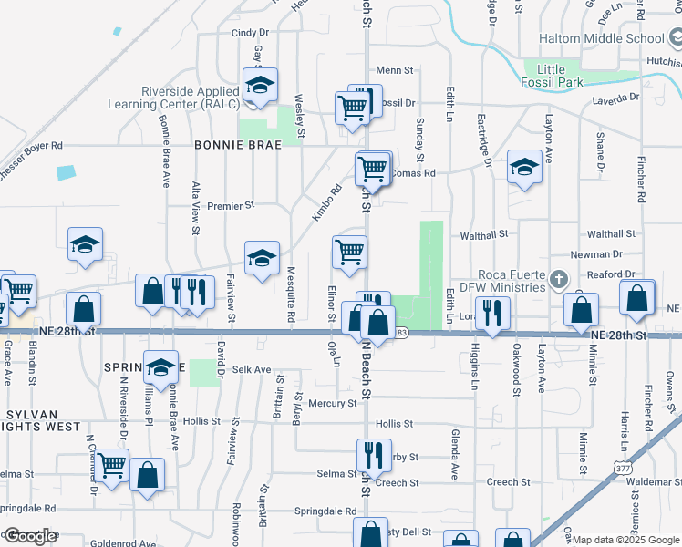 map of restaurants, bars, coffee shops, grocery stores, and more near 2916 Elinor Street in Fort Worth