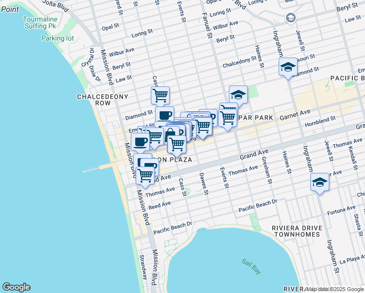 map of restaurants, bars, coffee shops, grocery stores, and more near 1059 Garnet Avenue in San Diego