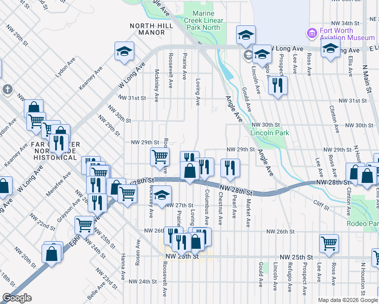 map of restaurants, bars, coffee shops, grocery stores, and more near 2911 Loving Avenue in Fort Worth