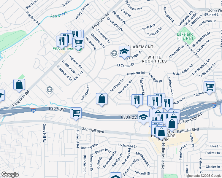map of restaurants, bars, coffee shops, grocery stores, and more near 8021 Fall River Drive in Dallas