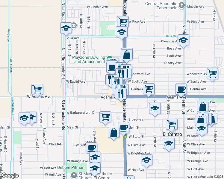 map of restaurants, bars, coffee shops, grocery stores, and more near 522 North Imperial Avenue in El Centro