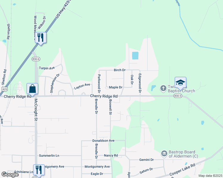 map of restaurants, bars, coffee shops, grocery stores, and more near 10569 Maple Drive in Bastrop