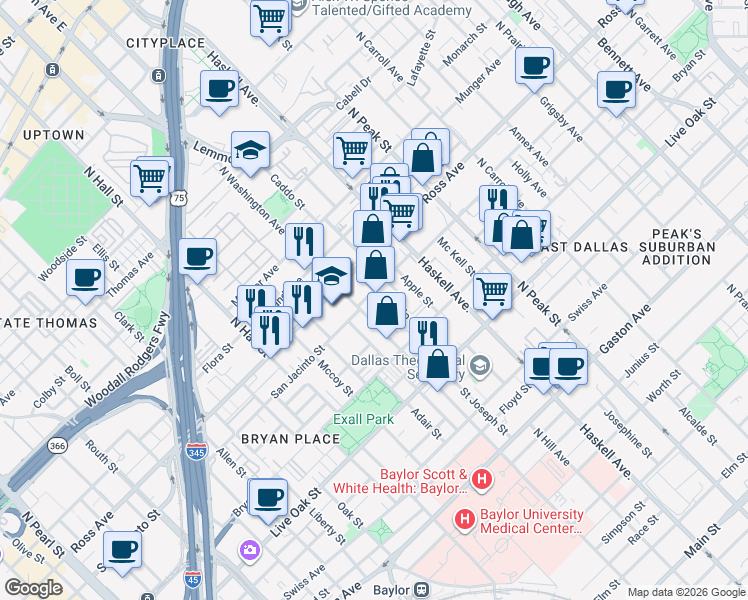 map of restaurants, bars, coffee shops, grocery stores, and more near 3812 San Jacinto Street in Dallas