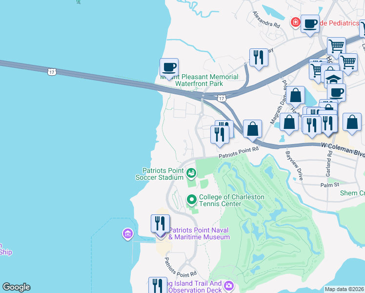 map of restaurants, bars, coffee shops, grocery stores, and more near 211 South Plaza Court in Mount Pleasant