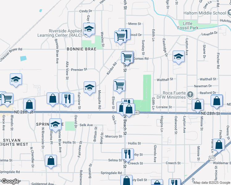 map of restaurants, bars, coffee shops, grocery stores, and more near 2916 Elinor Street in Fort Worth