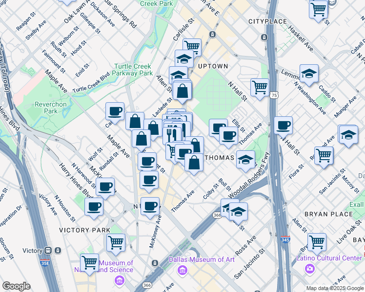 map of restaurants, bars, coffee shops, grocery stores, and more near 2702 McKinney Avenue in Dallas