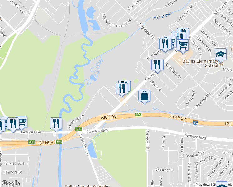map of restaurants, bars, coffee shops, grocery stores, and more near 7316 Dulaney Drive in Dallas