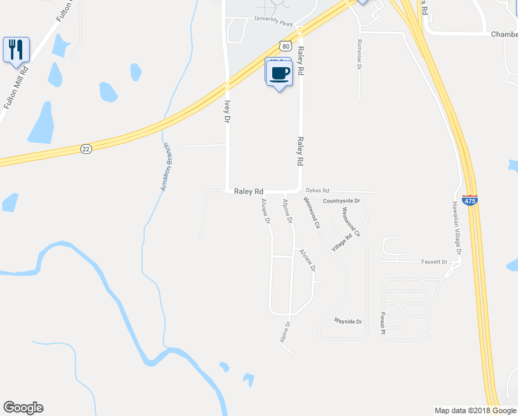 map of restaurants, bars, coffee shops, grocery stores, and more near 109 Alview Drive in Macon