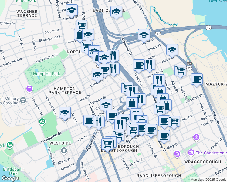 map of restaurants, bars, coffee shops, grocery stores, and more near 298 Sumter Street in Charleston