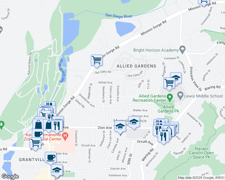 map of restaurants, bars, coffee shops, grocery stores, and more near 6869 Clara Lee Avenue in San Diego
