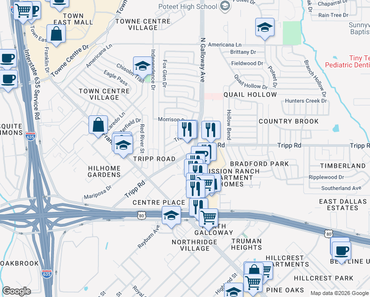 map of restaurants, bars, coffee shops, grocery stores, and more near 2399 North Galloway Avenue in Mesquite