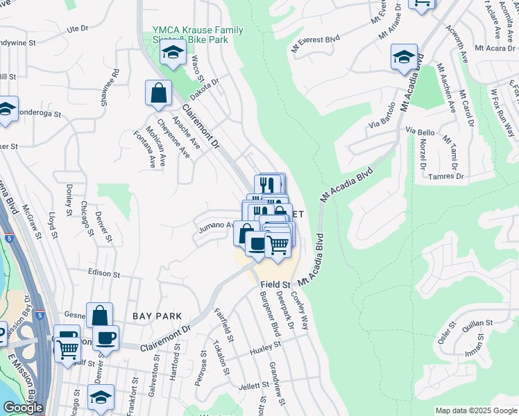map of restaurants, bars, coffee shops, grocery stores, and more near 4942 Iroquois Avenue in San Diego