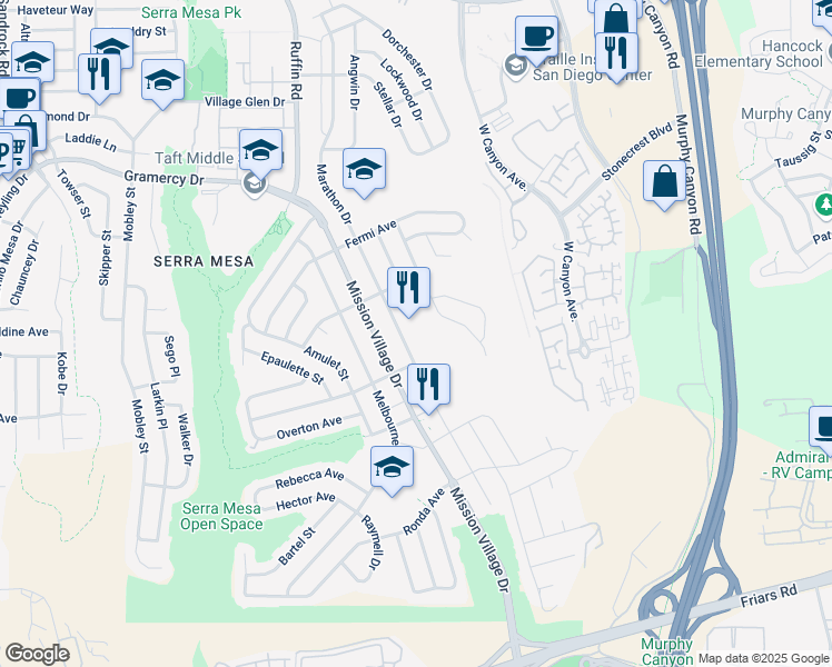 map of restaurants, bars, coffee shops, grocery stores, and more near 2855 Marathon Drive in San Diego