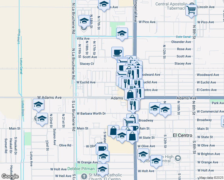 map of restaurants, bars, coffee shops, grocery stores, and more near 1630 Adams Avenue in El Centro