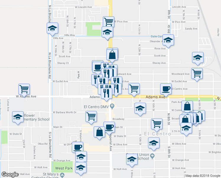 map of restaurants, bars, coffee shops, grocery stores, and more near 1703 El Centro Avenue in El Centro