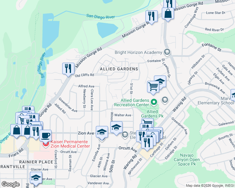 map of restaurants, bars, coffee shops, grocery stores, and more near 6895 Halifax St in San Diego