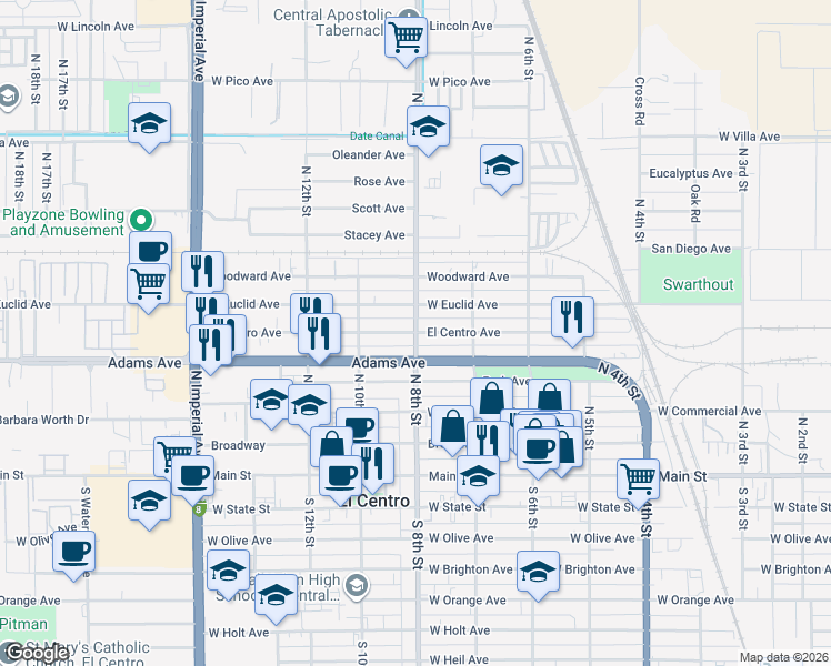 map of restaurants, bars, coffee shops, grocery stores, and more near El Centro Avenue in El Centro