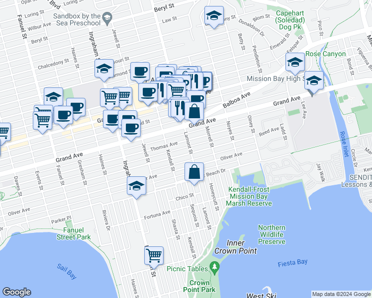 map of restaurants, bars, coffee shops, grocery stores, and more near 4266 Lamont Street in San Diego