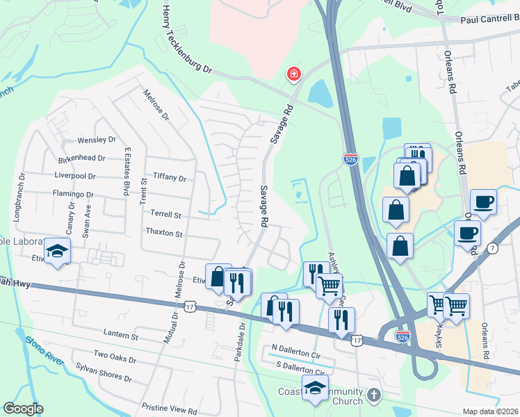 map of restaurants, bars, coffee shops, grocery stores, and more near 815 Savage Road in Charleston