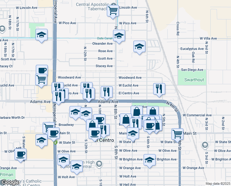 map of restaurants, bars, coffee shops, grocery stores, and more near El Centro Avenue in El Centro