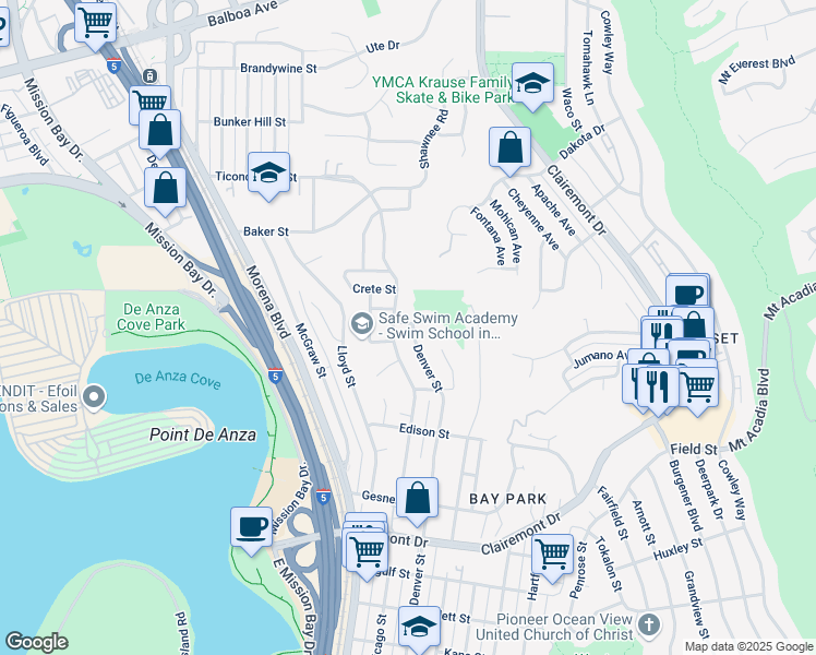 map of restaurants, bars, coffee shops, grocery stores, and more near 3196 Denver Street in San Diego
