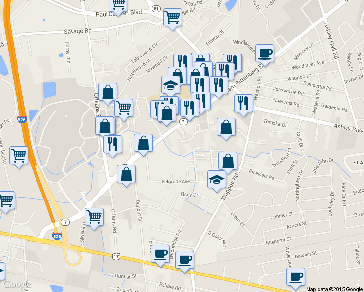 map of restaurants, bars, coffee shops, grocery stores, and more near 1084 Jenkins Road in Charleston