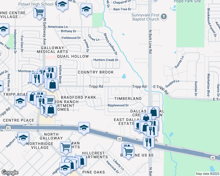 map of restaurants, bars, coffee shops, grocery stores, and more near 2332 Salerno Drive in Mesquite