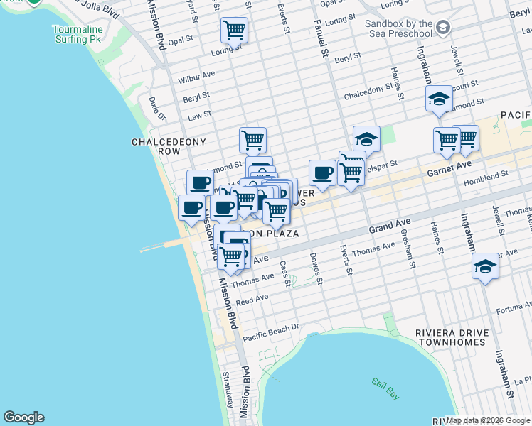 map of restaurants, bars, coffee shops, grocery stores, and more near 980 Garnet Avenue in San Diego