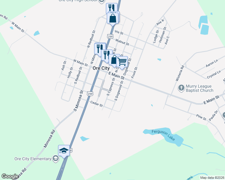 map of restaurants, bars, coffee shops, grocery stores, and more near 219 North Cypress Street in Ore City