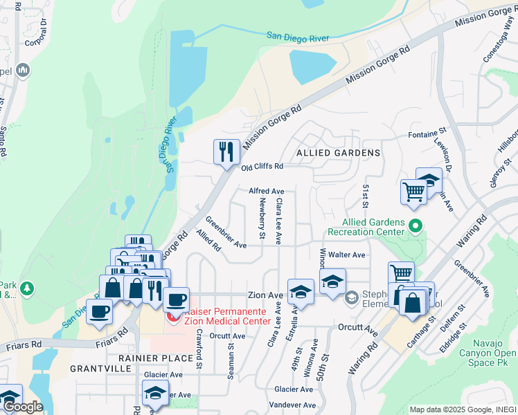 map of restaurants, bars, coffee shops, grocery stores, and more near 6868 Newberry Street in San Diego