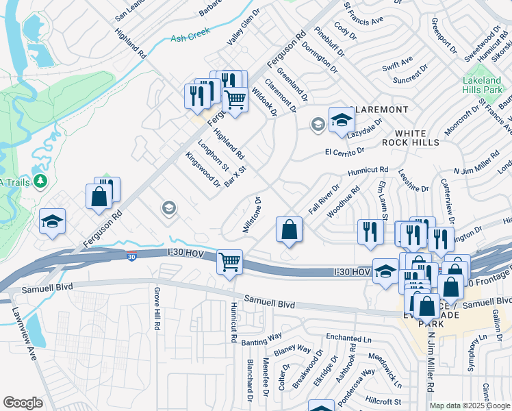 map of restaurants, bars, coffee shops, grocery stores, and more near 7923 Millstone Drive in Dallas