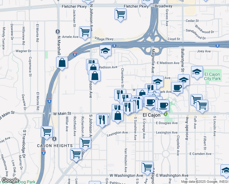 map of restaurants, bars, coffee shops, grocery stores, and more near in El Cajon