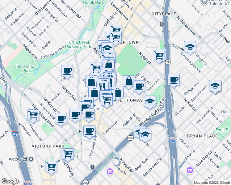 map of restaurants, bars, coffee shops, grocery stores, and more near 2515 Worthington Street in Dallas