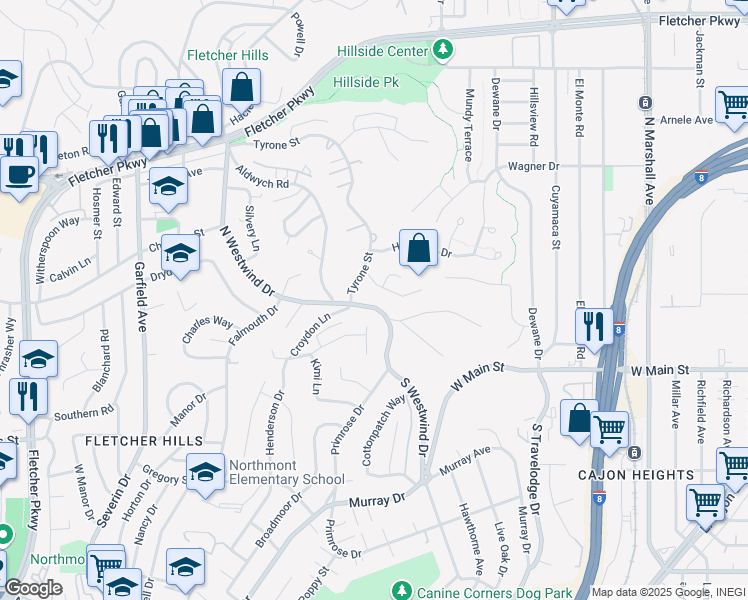 map of restaurants, bars, coffee shops, grocery stores, and more near 245 North Westwind Drive in El Cajon