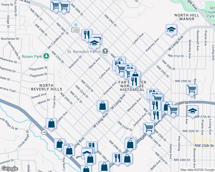map of restaurants, bars, coffee shops, grocery stores, and more near 2805 Northwest 25th Street in Fort Worth