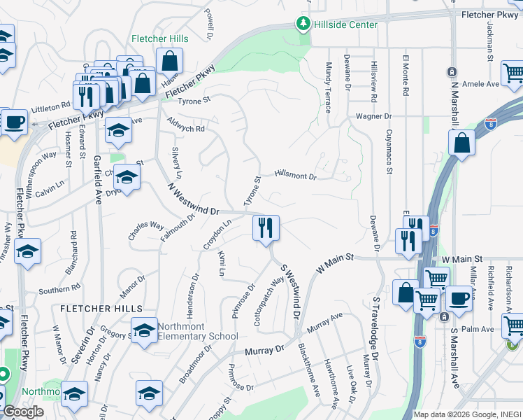 map of restaurants, bars, coffee shops, grocery stores, and more near 245 North Westwind Drive in El Cajon