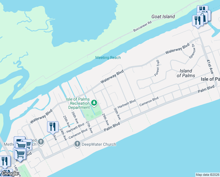 map of restaurants, bars, coffee shops, grocery stores, and more near 4 Allie Court in Isle of Palms