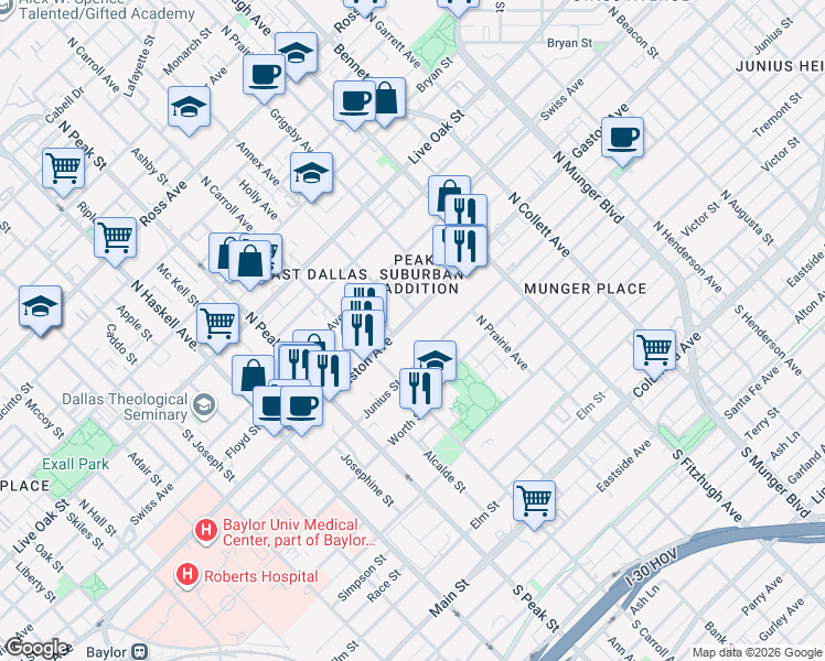 map of restaurants, bars, coffee shops, grocery stores, and more near 4601 Gaston Avenue in Dallas