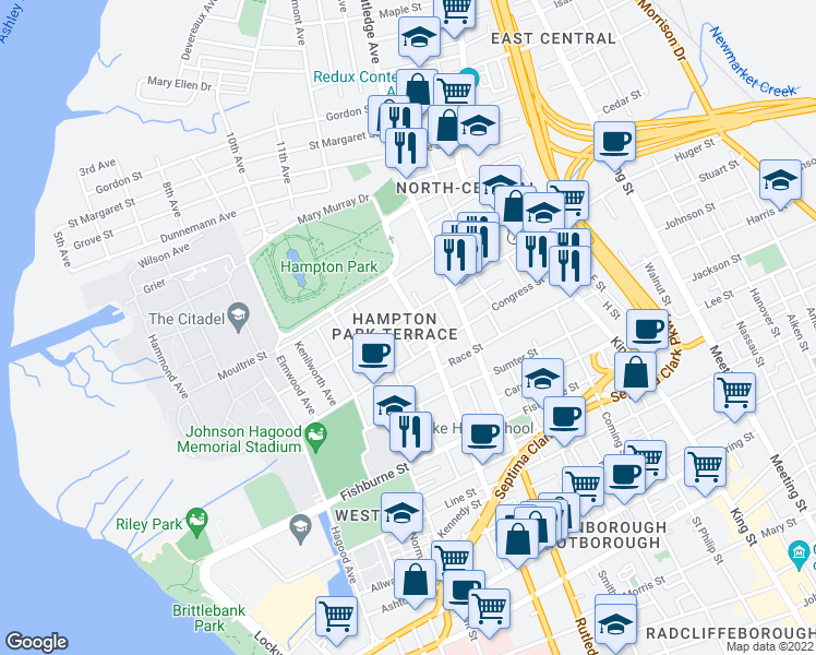 map of restaurants, bars, coffee shops, grocery stores, and more near 6 North Allan Park in Charleston