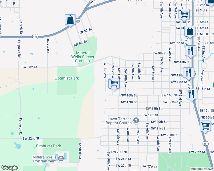 map of restaurants, bars, coffee shops, grocery stores, and more near 1503 Southwest 13th Avenue in Mineral Wells