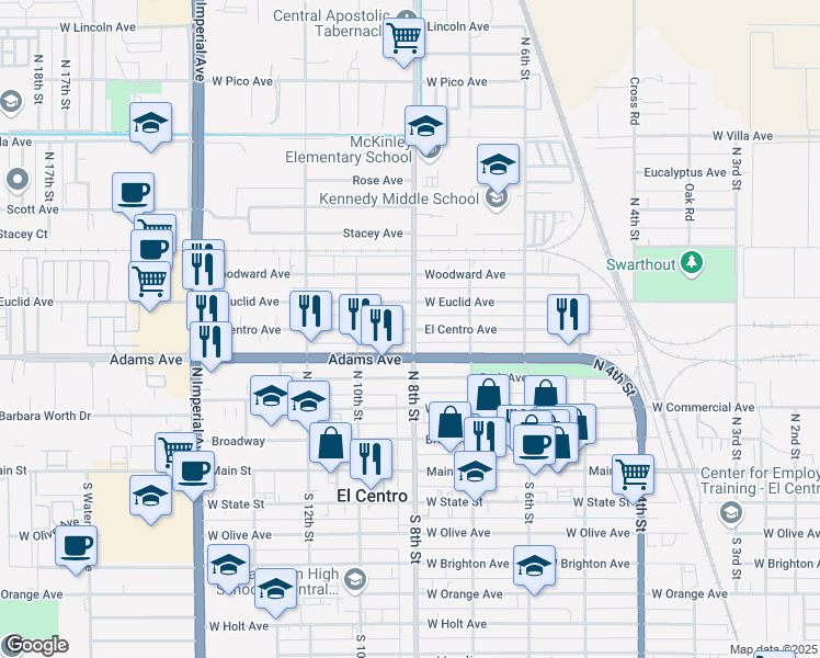 map of restaurants, bars, coffee shops, grocery stores, and more near 800-818 El Centro Avenue in El Centro