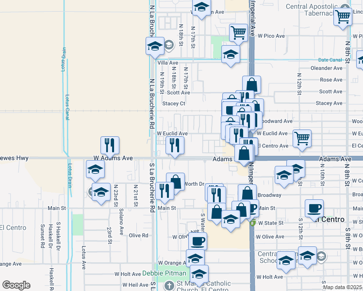 map of restaurants, bars, coffee shops, grocery stores, and more near 1786 Adams Avenue in El Centro